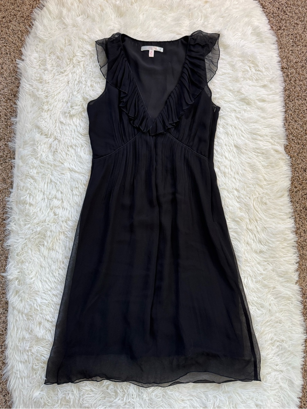 Jenny Han Y2K 100% silk chiffon black midi dress ruffle v neck sleeveless medium